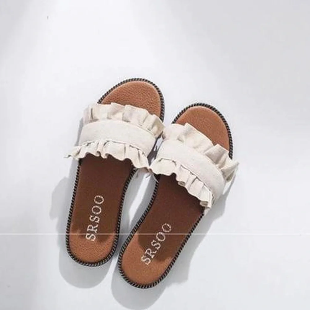 Almond Ruffle Trim Slide Sandals - Picture 3 of 3